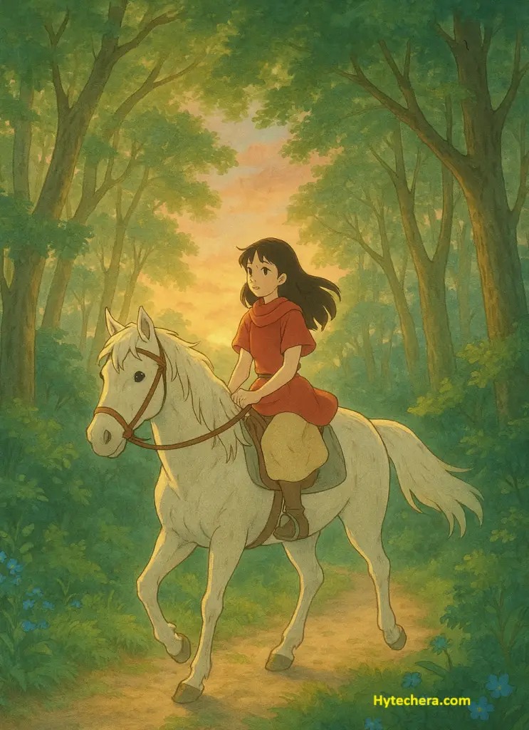 Ghulbi-style eautiful girl riding the horse through a magical forest at sunrise sky in the background.