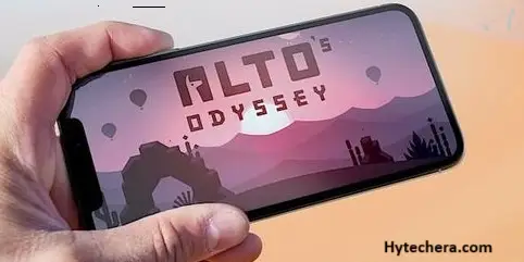 Alto's Odyssey game screenshot showing a snowboarder gliding across beautiful desert landscapes at sunset