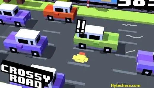 Crossy Road game screenshot featuring a pixelated character crossing roads, rivers, and train tracks while avoiding obstacles