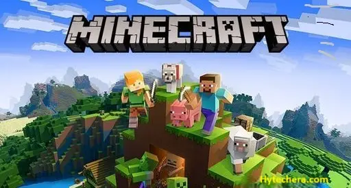 Minecraft game screenshot showing a blocky landscape with trees, mountains, and a player building structures in an open-world environment