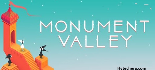 Monument Valley game screenshot featuring stunning geometric landscapes and a character navigating through an optical illusion puzzle.