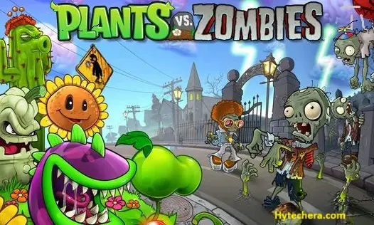 Plants vs. Zombies game screenshot showing plants defending a house from waves of cartoonish zombies in a fun tower defense battle