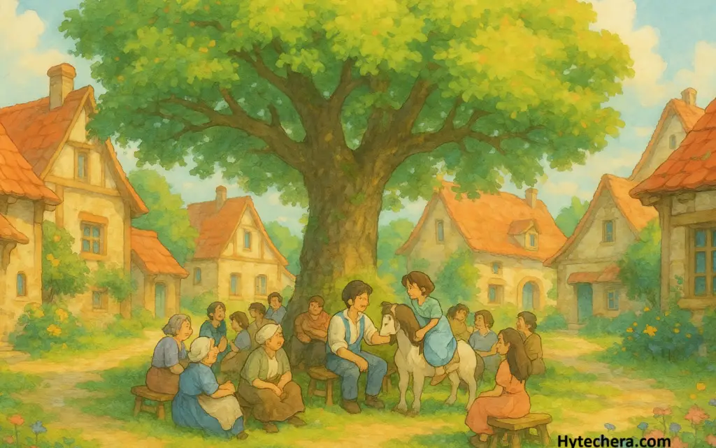 village ghibli Ghibli-style painting of a peaceful village with a large tree, where villagers sit and chat under its shade