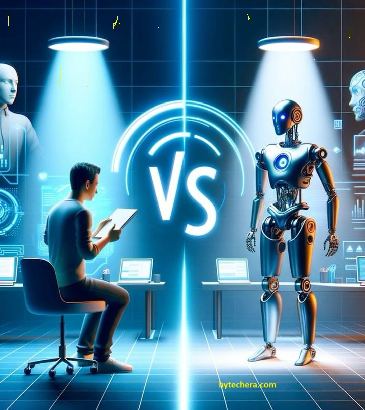 AI vs Human Content Which Performs Better on Google AI robot and human writer side by side representing content quality comparison in 2025