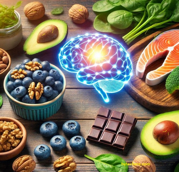 Eat well balanced food with Brain-Boosting Foods Colorful plate of well-balanced food including leafy greens, berries, nuts, salmon, and whole grains, arranged for brain health and nutrition