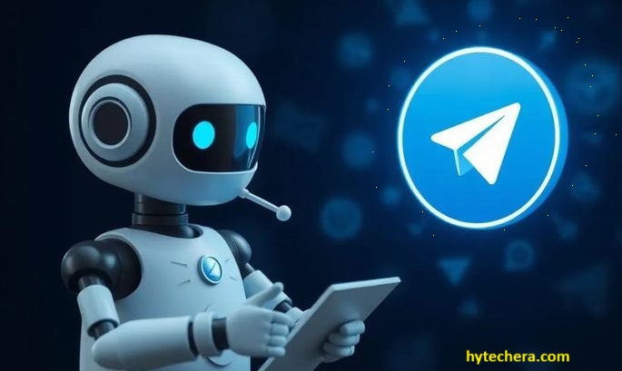 Telegram channels AI robot browsing Telegram on a smartphone, representing smart automation in AI tool discovery.