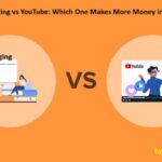 Two content creators side-by-side—one blogging on a laptop, the other filming for YouTube—comparing online income in 2025