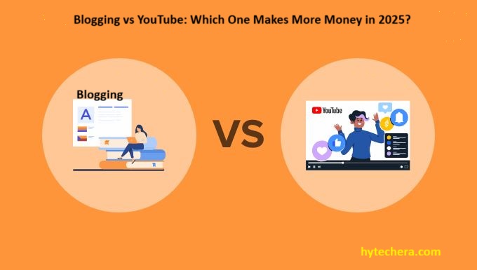 Two content creators side-by-side—one blogging on a laptop, the other filming for YouTube—comparing online income in 2025