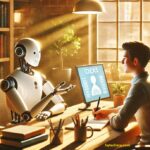 Human and AI working side by side on a laptop to co-write articles or blog posts.