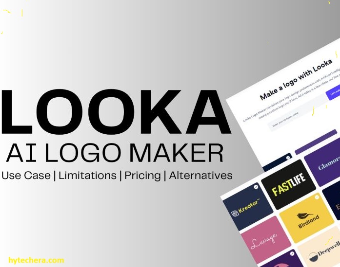 Looka Looka AI logo generator interface displaying customizable logo designs with brand color and font options.