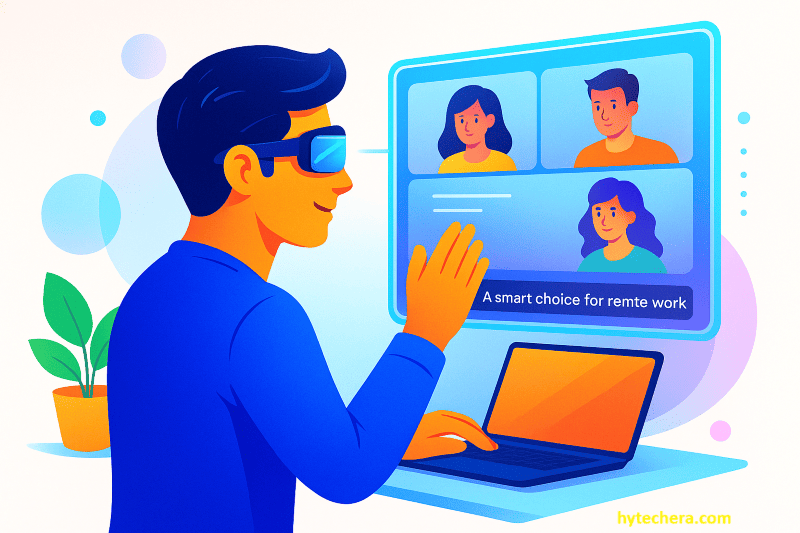 Virtual meetings with captions Remote worker using smart glasses for virtual meetings with captions.