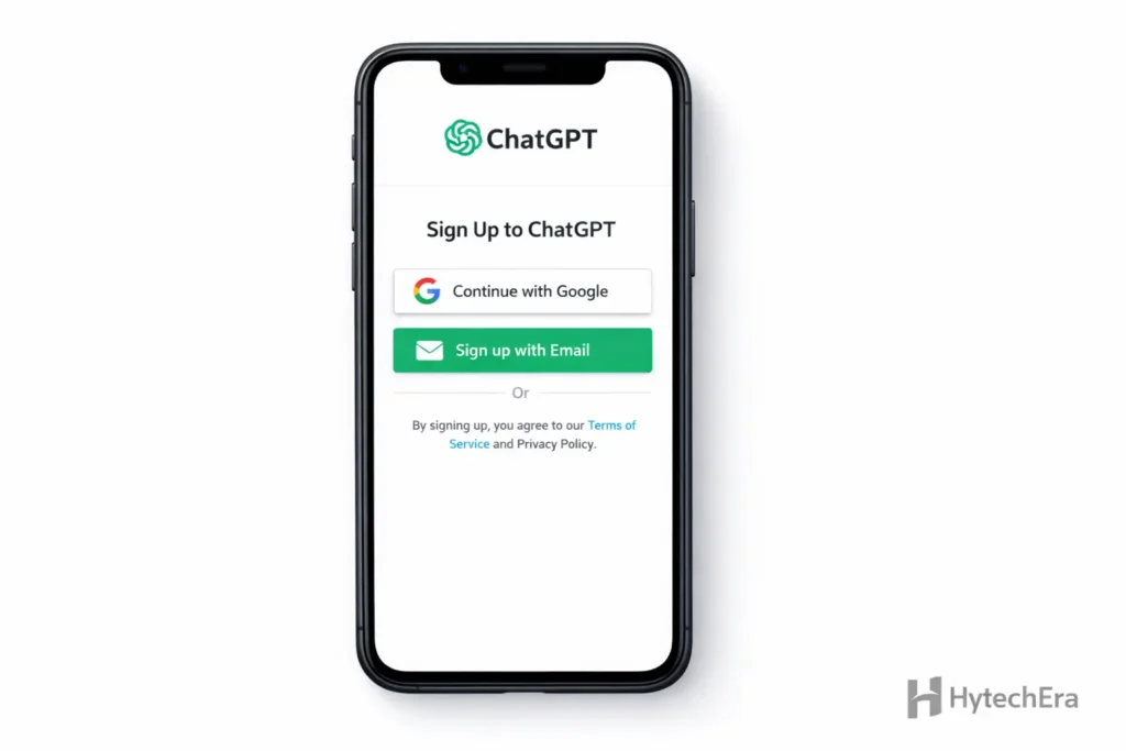 Smartphone displaying ChatGPT sign-up screen how to sign up chatgpt free india 2026